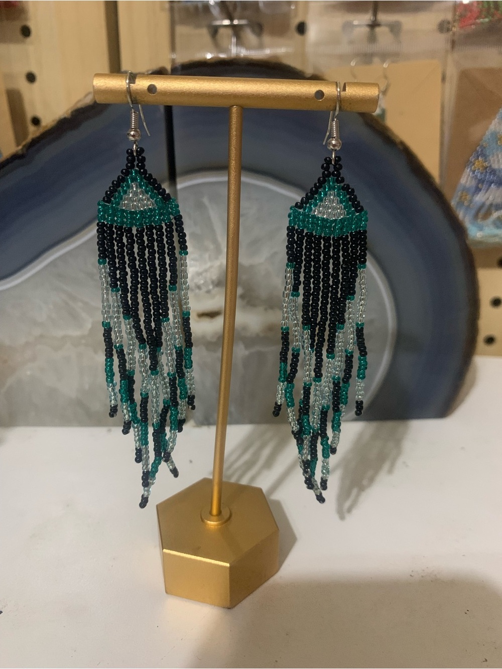 Black and Teal Beaded Fringe Drop Earrings